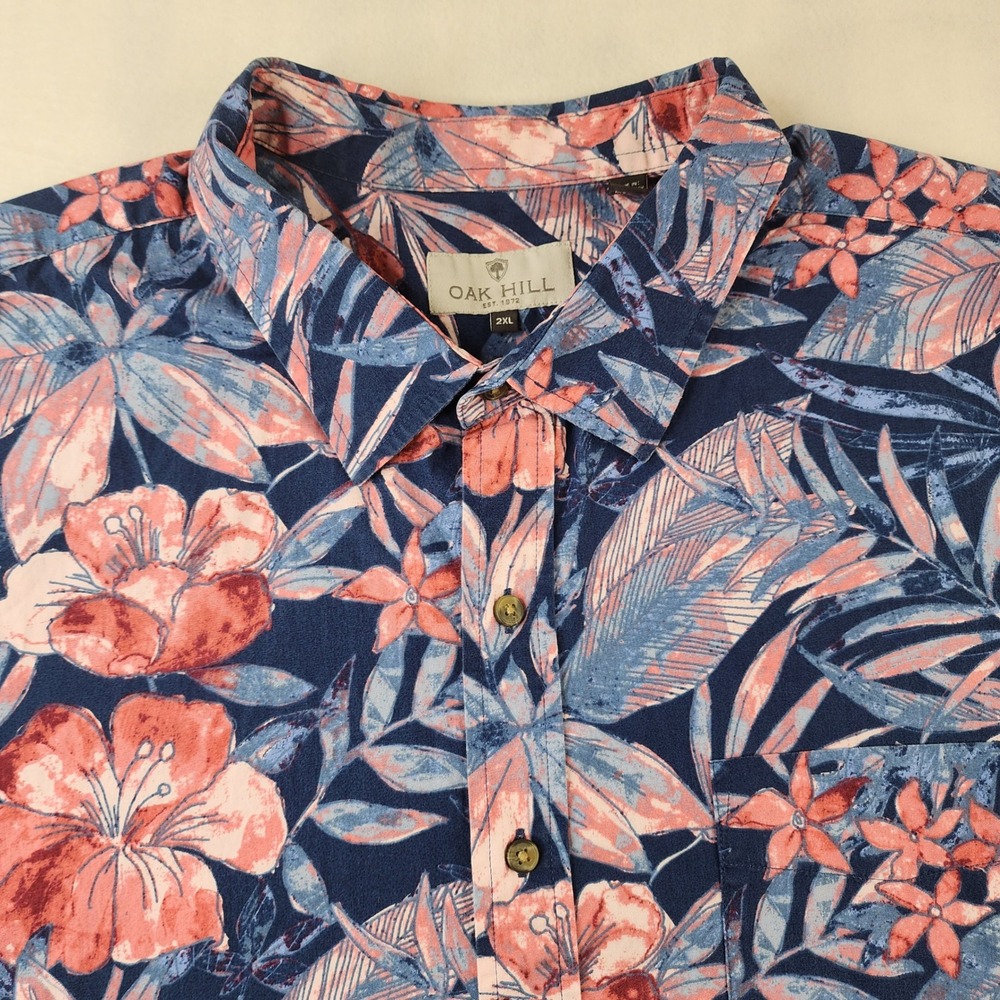 Oak Hill Button Up Shirt Mens 2XL Navy Blue Tropical Floral Short Sleeve Cotton
